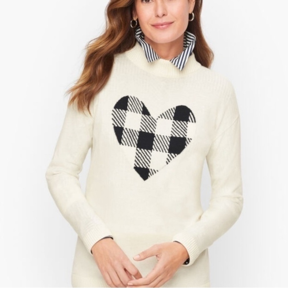 TALBOTS women's XL mock neck sweater gingham heart ivory/black pullover